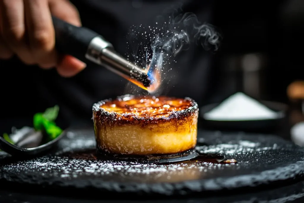 A chef using a culinary torch to caramelize sugar on a crème brûlée.