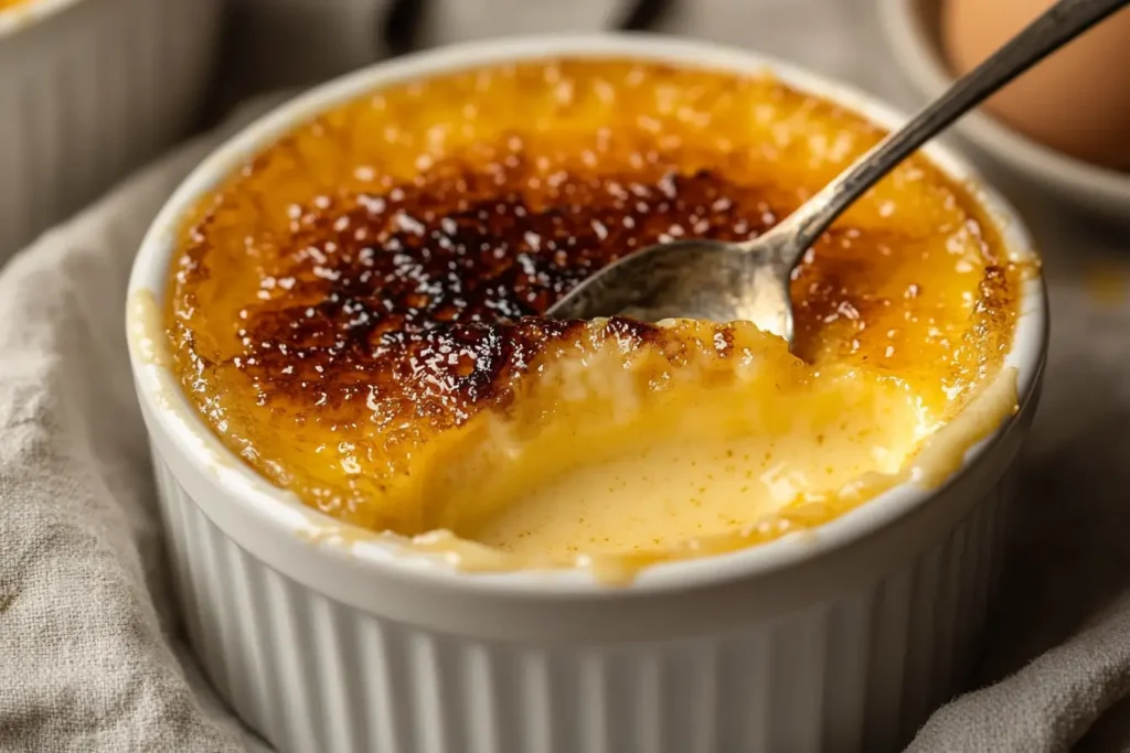 A spoon breaking into the caramelized sugar crust of a classic crème brûlée.