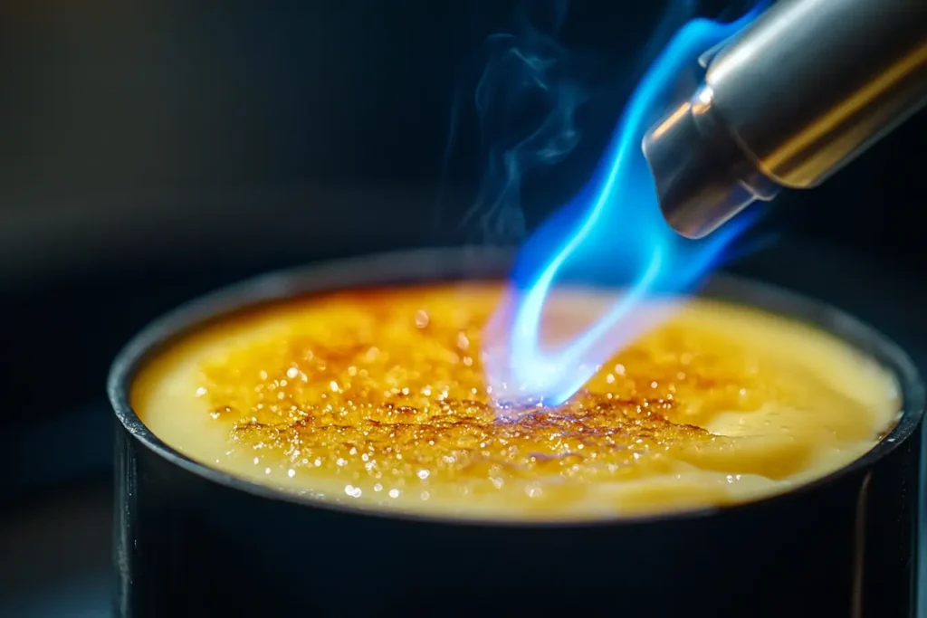 A kitchen torch melting sugar into a golden caramelized crust on a crème brûlée.