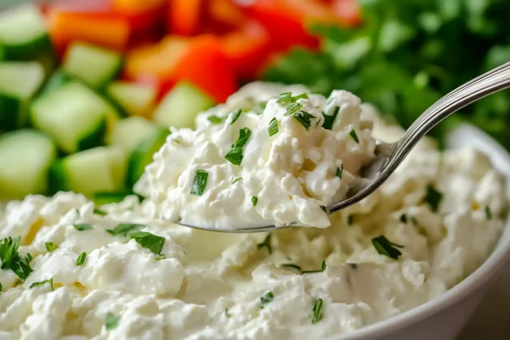 Spoon scooping creamy cottage cheese with cucumbers and bell peppers in the background.