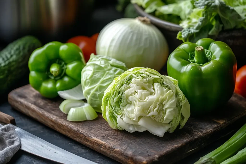 Chopped cabbage, green tomatoes, onions, and bell peppers arranged on a wooden cutting board.