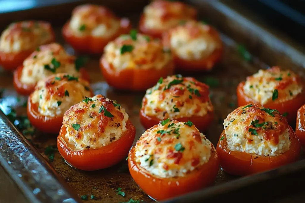 Baked bell peppers stuffed with cottage cheese and herbs.