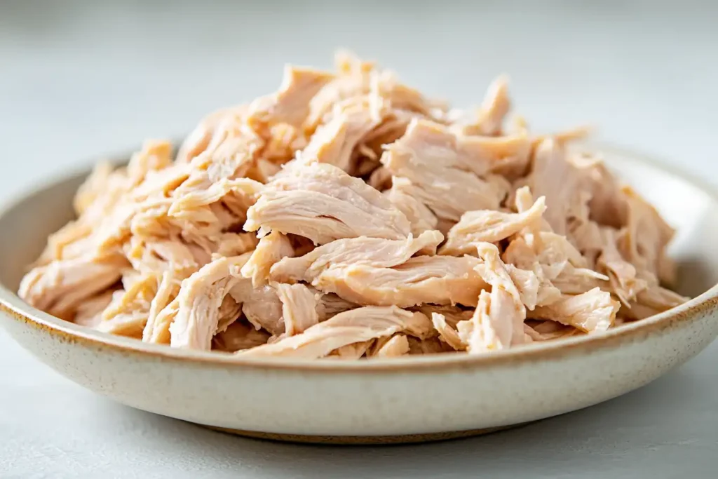 Shredded cooked chicken in a bowl