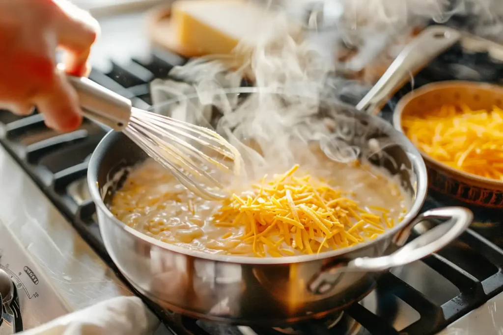 A saucepan with golden roux on a stovetop, cream being poured in, and shredded cheese nearby for a creamy mac and cheese sauce.