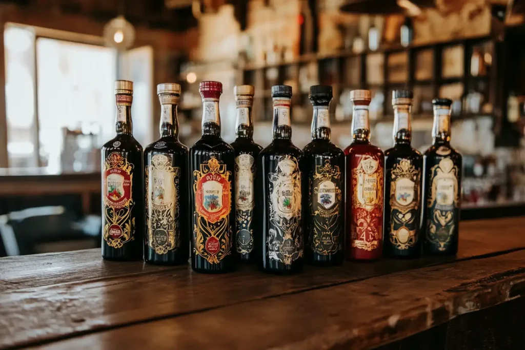 A selection of amaro bottles, including Averna, Amaro Nonino, Amaro Montenegro, and Cynar, displayed on a wooden bar.