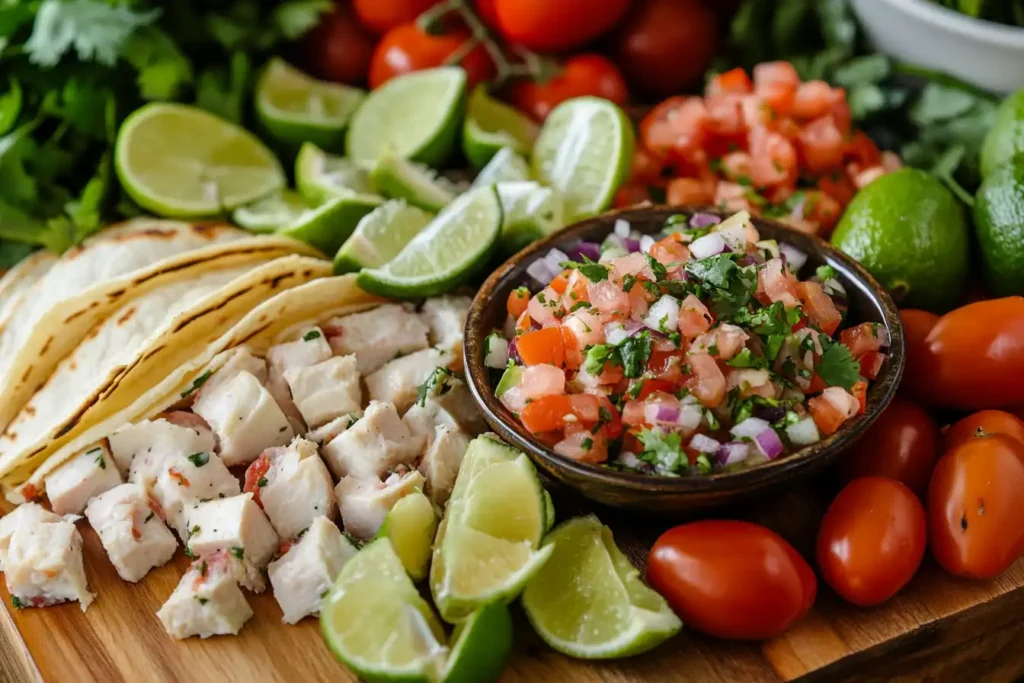 Botana platter with tacos, quesadillas, and ceviche garnished with fresh limes.