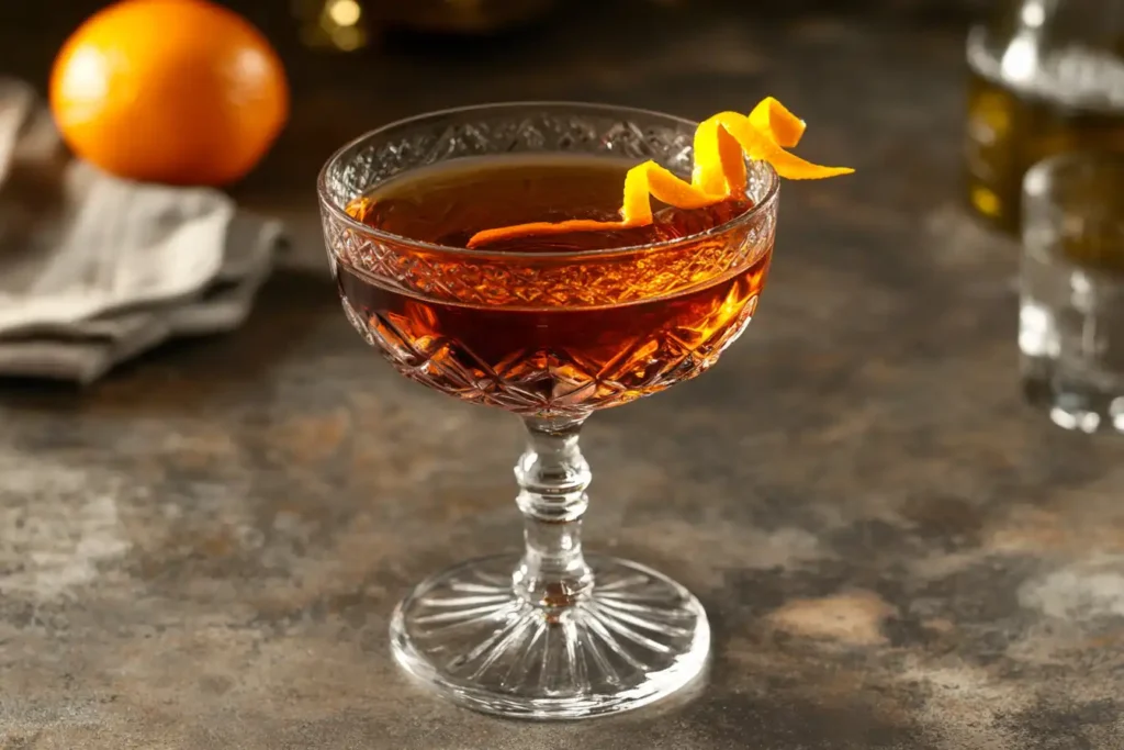 A dark black Manhattan cocktail garnished with an orange twist in a crystal coupe glass.