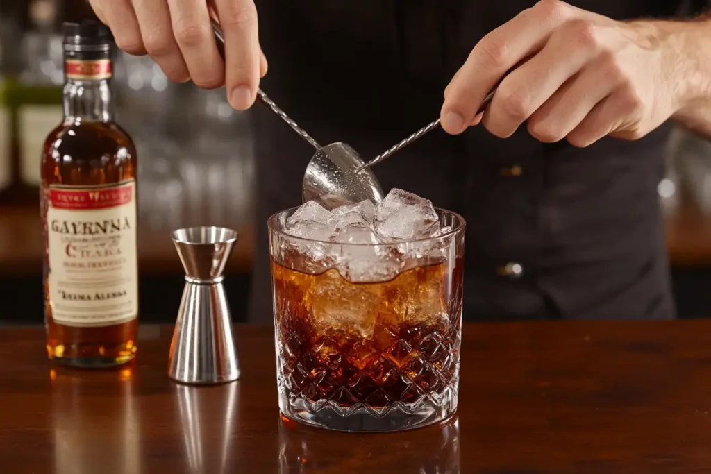 A bartender stirring a Black Manhattan in a mixing glass with cocktail tools and ingredients on a polished bar counter.