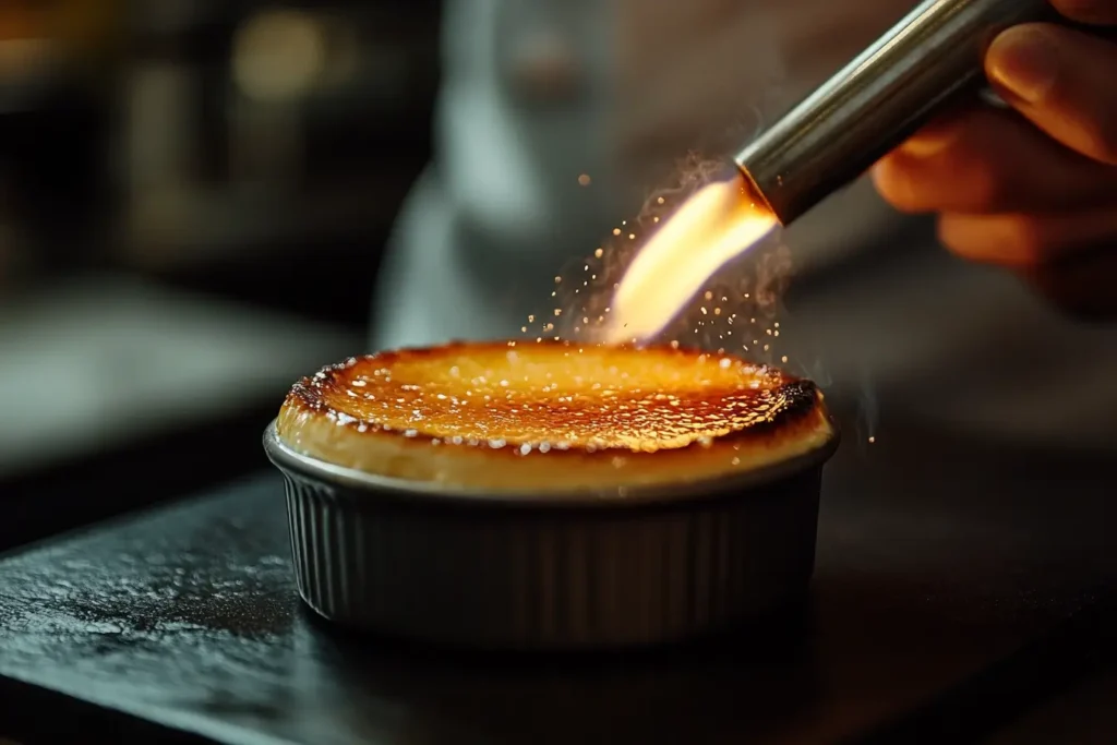 A chef torching sugar on crème brûlée to create a golden caramelized crust.