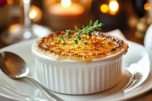 A beautifully plated Crab Brûlée with a golden caramelized crust, served in a white ramekin.