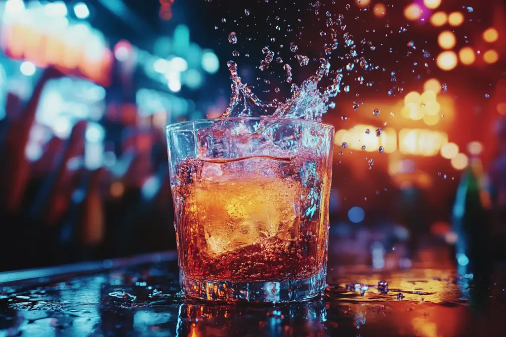 A shot glass mid-drop into a larger glass, causing a vibrant explosion of bubbles in a neon-lit bar scene.