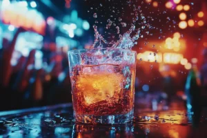 A shot glass mid-drop into a larger glass, causing a vibrant explosion of bubbles in a neon-lit bar scene.