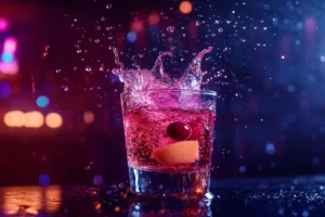 A Vegas Bomb shot mid-drop into a glass of energy drink, creating a vibrant splash.