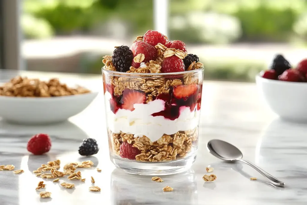 Cottage cheese parfait with granola, berries, and honey in a glass jar.