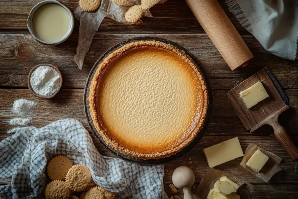 Golden-brown cheesecake with a graham cracker crust on a rustic wooden table surrounded by ingredients.