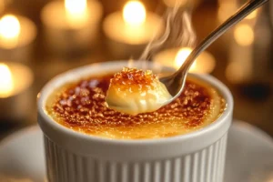 A golden caramelized crème brûlée in a white ramekin, with a spoon cracking the crispy sugar topping.