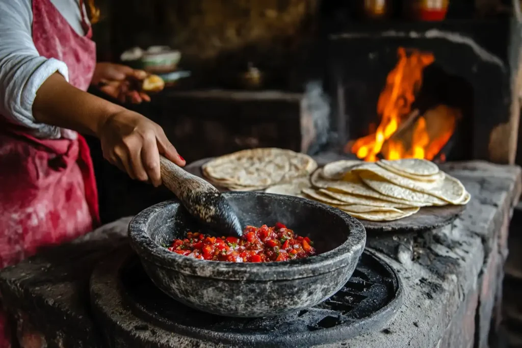A traditional Mexican kitchen with a woman grinding chilies in a molcajete and cooking quesadillas on a griddle.