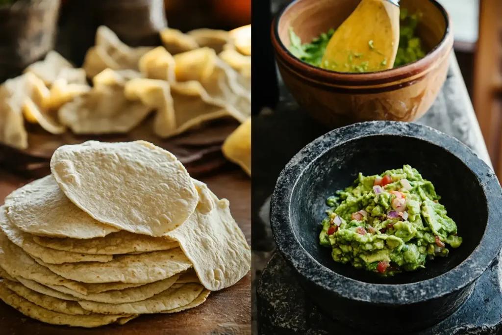 Step-by-step preparation of botanas, showing tortillas being fried, guacamole being mashed, and salsa in a molcajete.