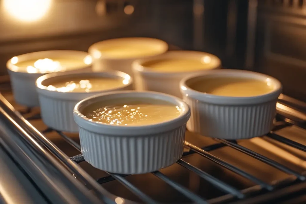 Ramekins filled with crème brûlée custard in a water bath inside an oven, baking to perfection.