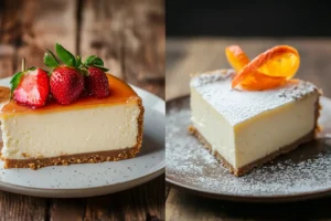 Side-by-side comparison of American cheesecake and Italian cheesecake, showcasing their unique textures and garnishes.