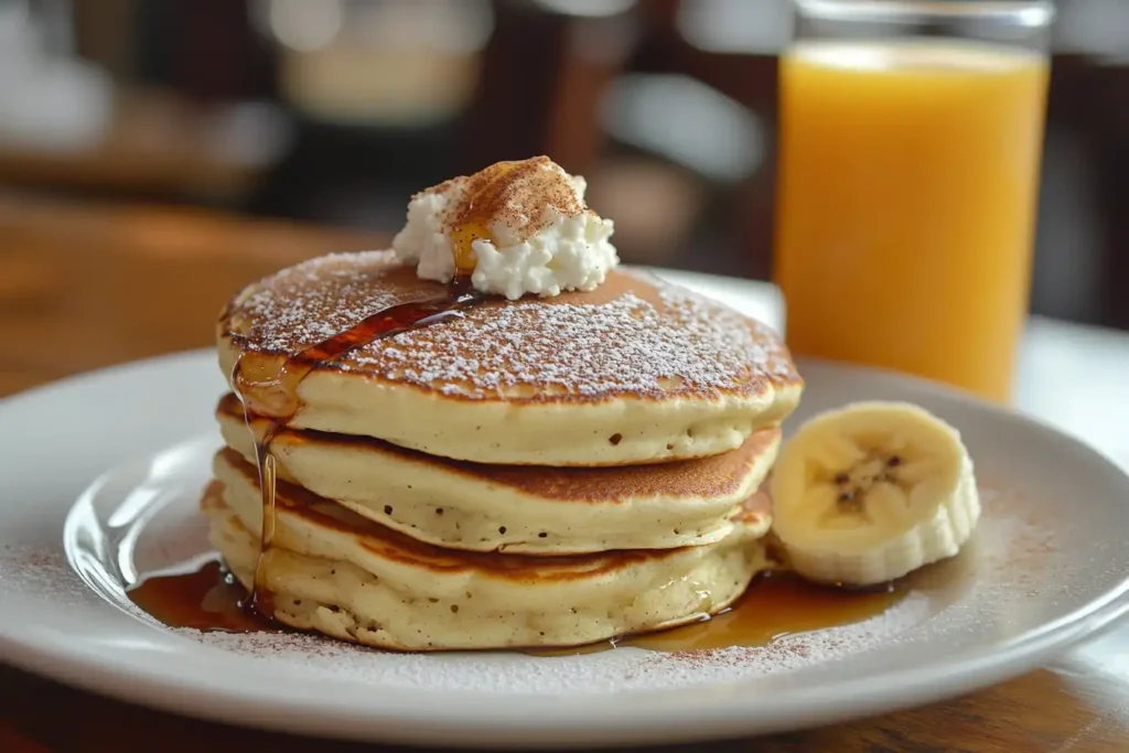 Fluffy pancakes layered with cottage cheese and maple syrup, garnished with bananas and cinnamon.