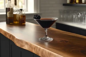A crystal coupe holding a rich Black Manhattan cocktail with a cherry garnish. Title: Elegant Black Manhattan Cocktail