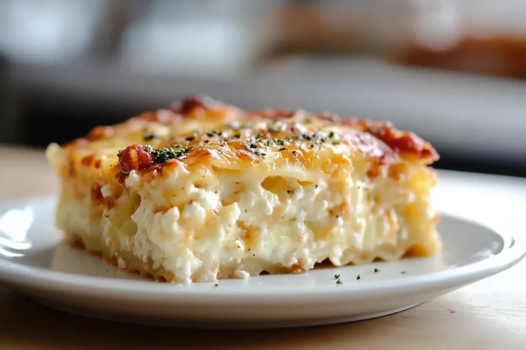 A slice of lasagna with cottage cheese layers.