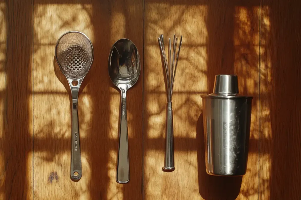 A mixing glass, bar spoon, strainer, and shaker tin arranged neatly on a wooden bar.