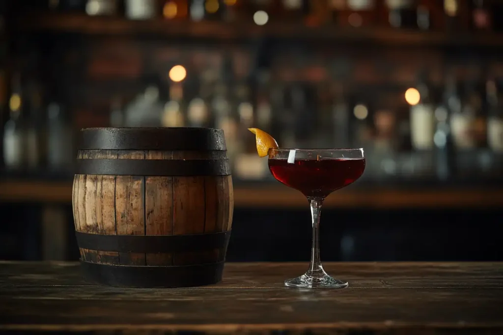 A small oak barrel and a prepared black Manhattan cocktail on a wooden surface.