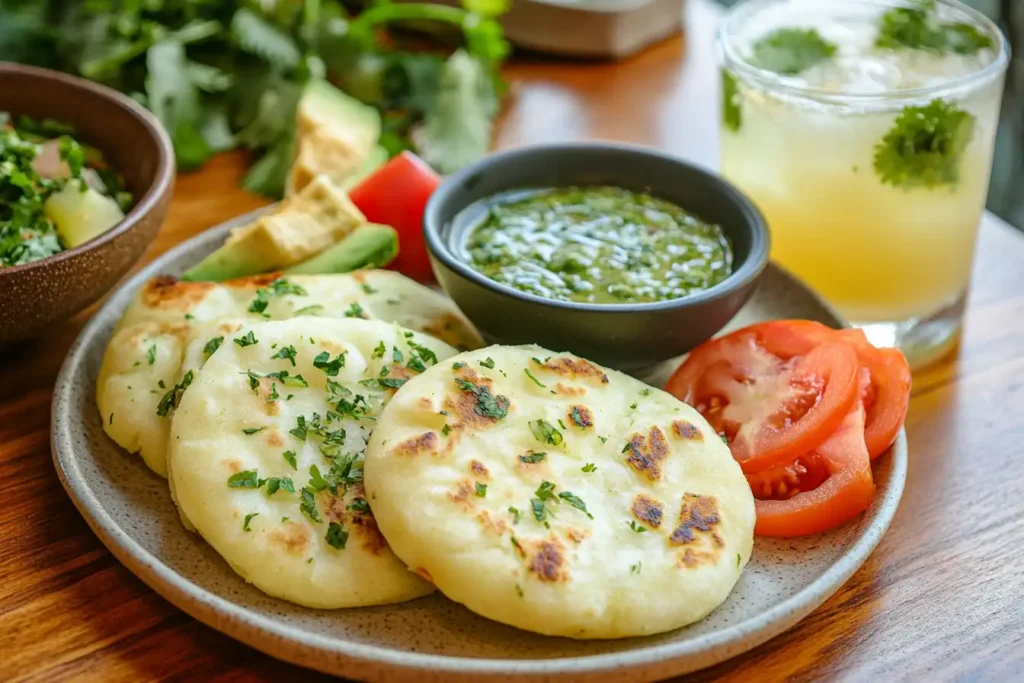 A table setting with a plate of creamy reina pepiada arepas, sliced produce, and a refreshing drink.