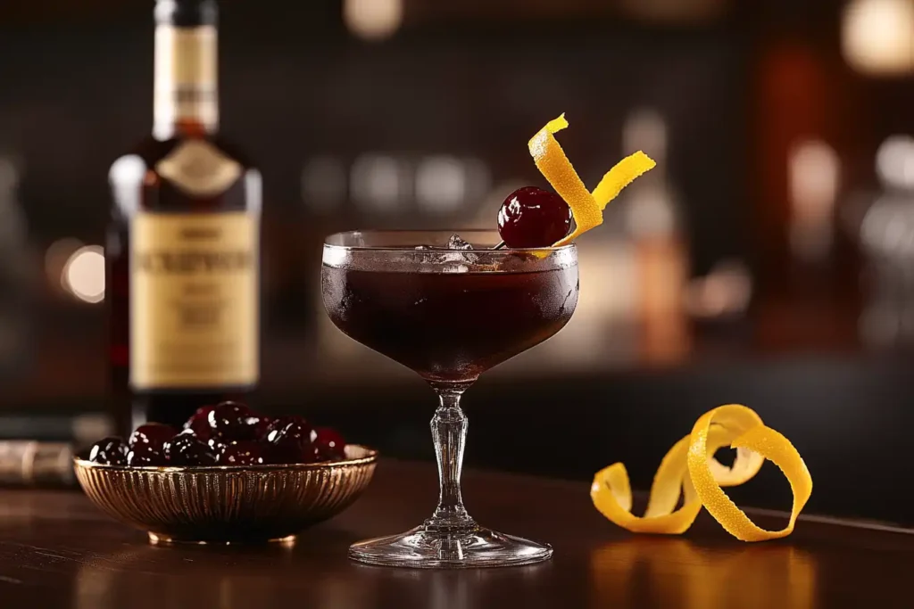 A Black Manhattan cocktail in a coupe glass, garnished with a Luxardo cherry and orange peel, on a dark wooden bar with ingredients in the background.