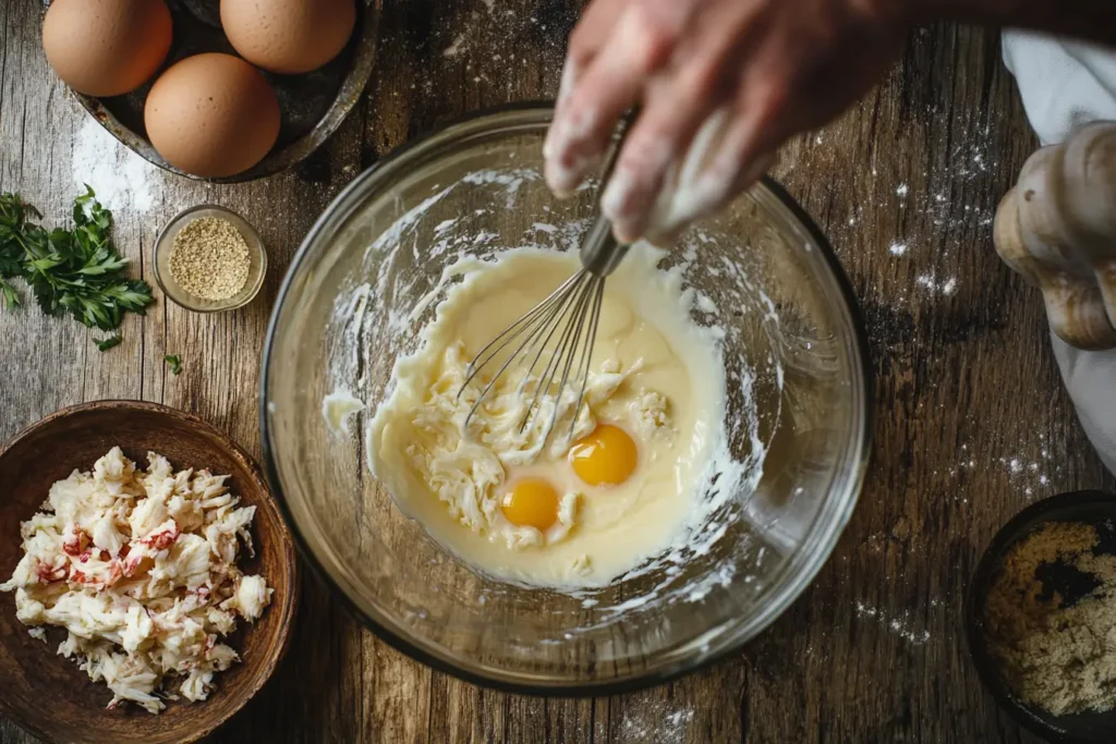 A chef whisking egg yolks while warm cream is poured in.