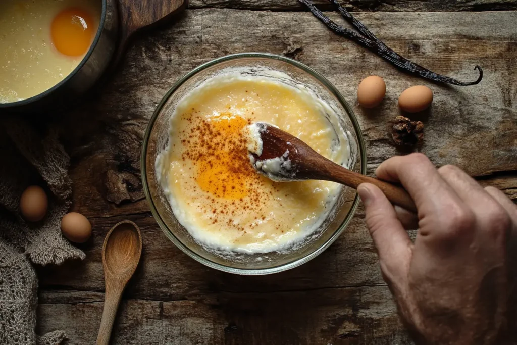 A chef whisking egg yolks, sugar, and warm cream in a glass bowl for crème brûlée.