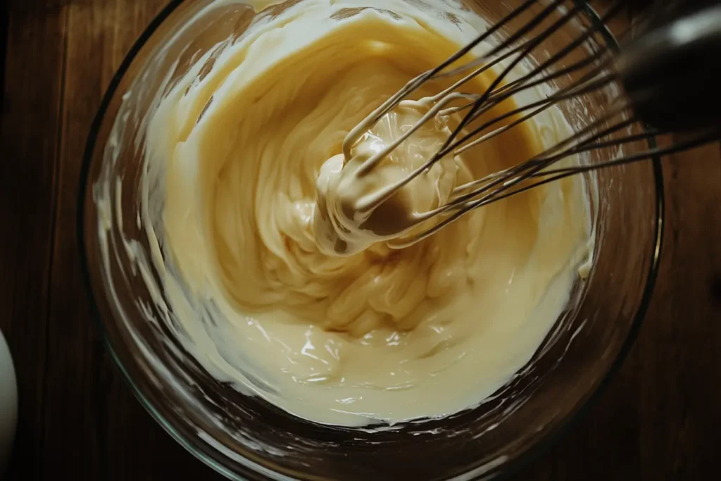 Egg yolks and sugar being whisked into a creamy custard base with heavy cream being poured in.