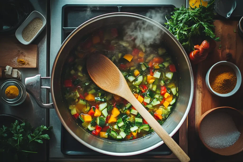 A pot of simmering Chow Chow relish with a wooden spoon stirring the mixture.