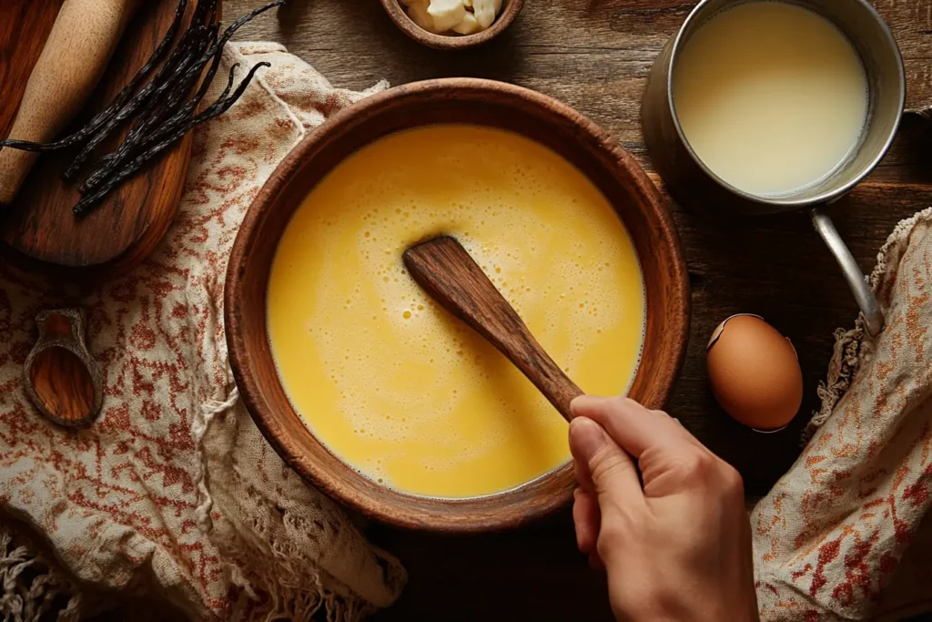 A chef whisking egg yolks, sugar, and warm milk in a bowl to create a custard base.