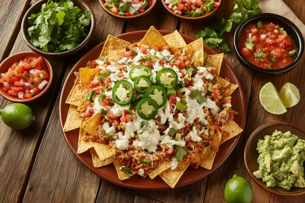 Mexican food spread featuring nachos and botanas on a rustic table.