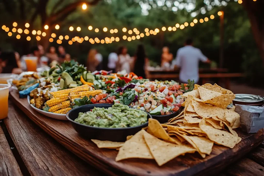 A vibrant spread of Mexican botanas including guacamole, ceviche, tortilla chips, and elote surrounded by friends at an outdoor cantina.