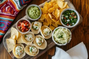 A colorful spread of traditional botanas mexicanas on a rustic table.