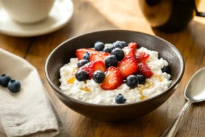 A bowl of cottage cheese with fresh berries and honey on a rustic wooden table.
