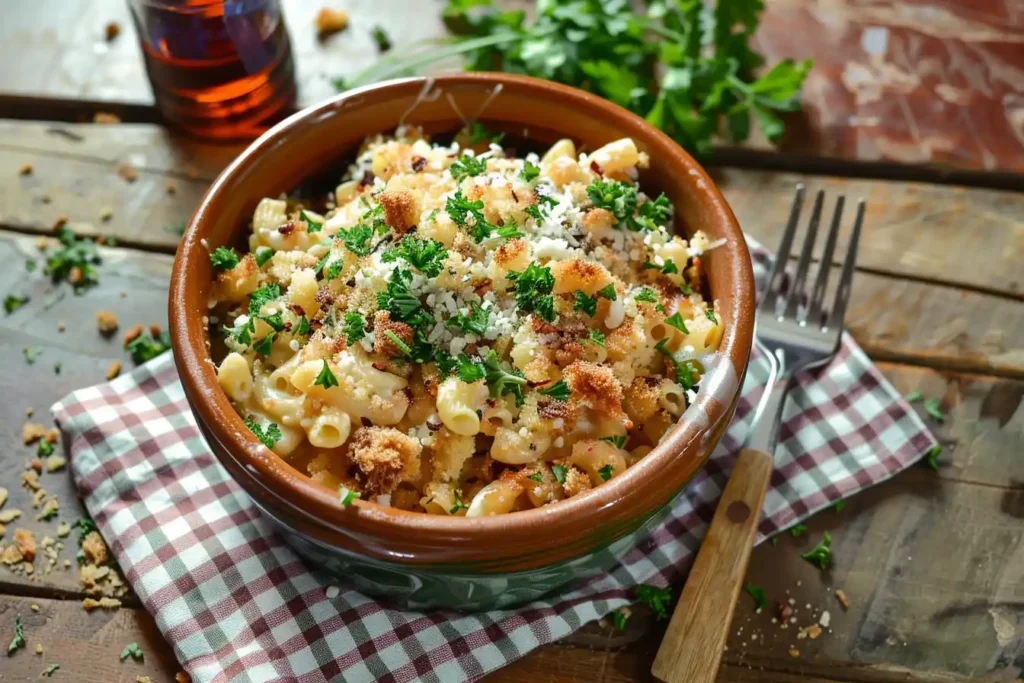 Close-up of a bowl of macaroni and cheese topped with crispy breadcrumbs and parsley on a rustic table.