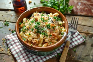 Close-up of a bowl of macaroni and cheese topped with crispy breadcrumbs and parsley on a rustic table.