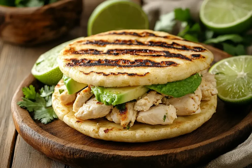 A close-up of a Reina Pepiada arepa with golden arepa bread and creamy avocado chicken filling.