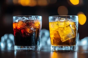 Two cocktails: a classic Manhattan and a Black Manhattan side by side.