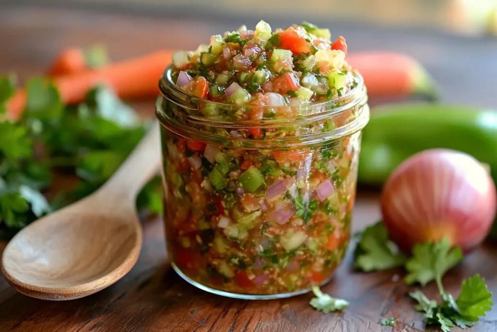 A jar of homemade Chow Chow relish with a wooden spoon, surrounded by fresh vegetables.