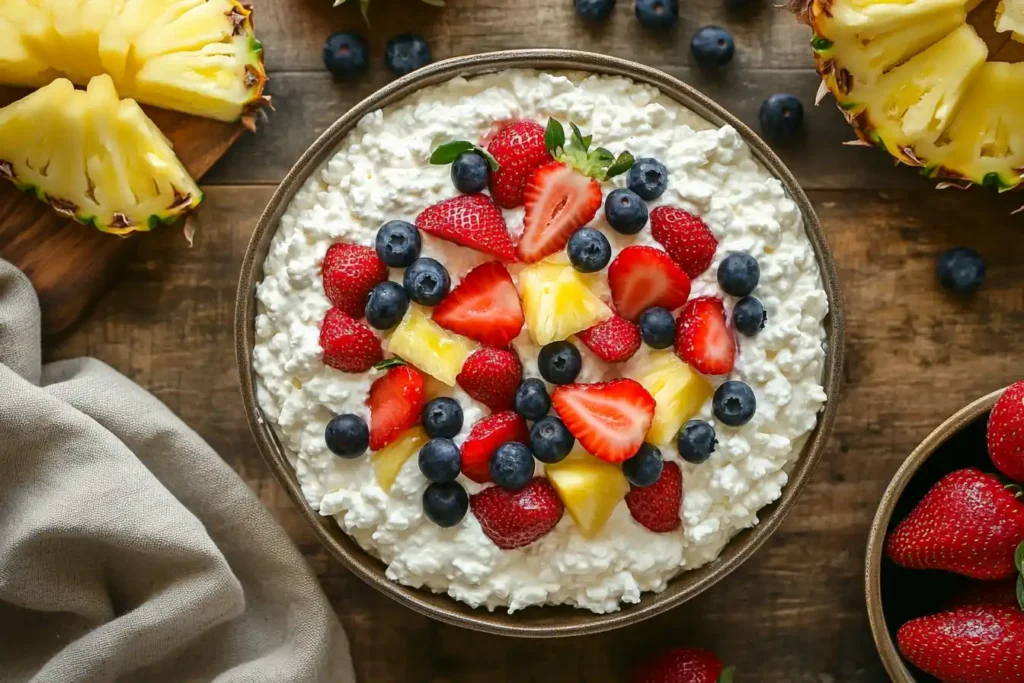 Cottage cheese lasagna topped with golden-brown cheese crust in a white casserole dish.