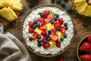 Cottage cheese lasagna topped with golden-brown cheese crust in a white casserole dish.