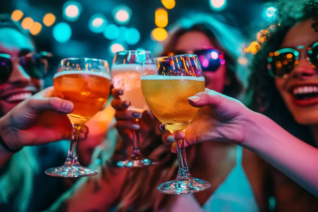 Friends cheering with bomb drinks in hand, celebrating in a lively bar with neon lighting.