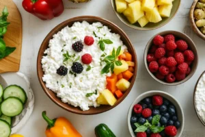 A table with cottage cheese, fruits, and vegetables.