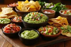 A colorful spread of Mexican botanas including guacamole, tostadas, quesadillas, and salsas on a rustic table.